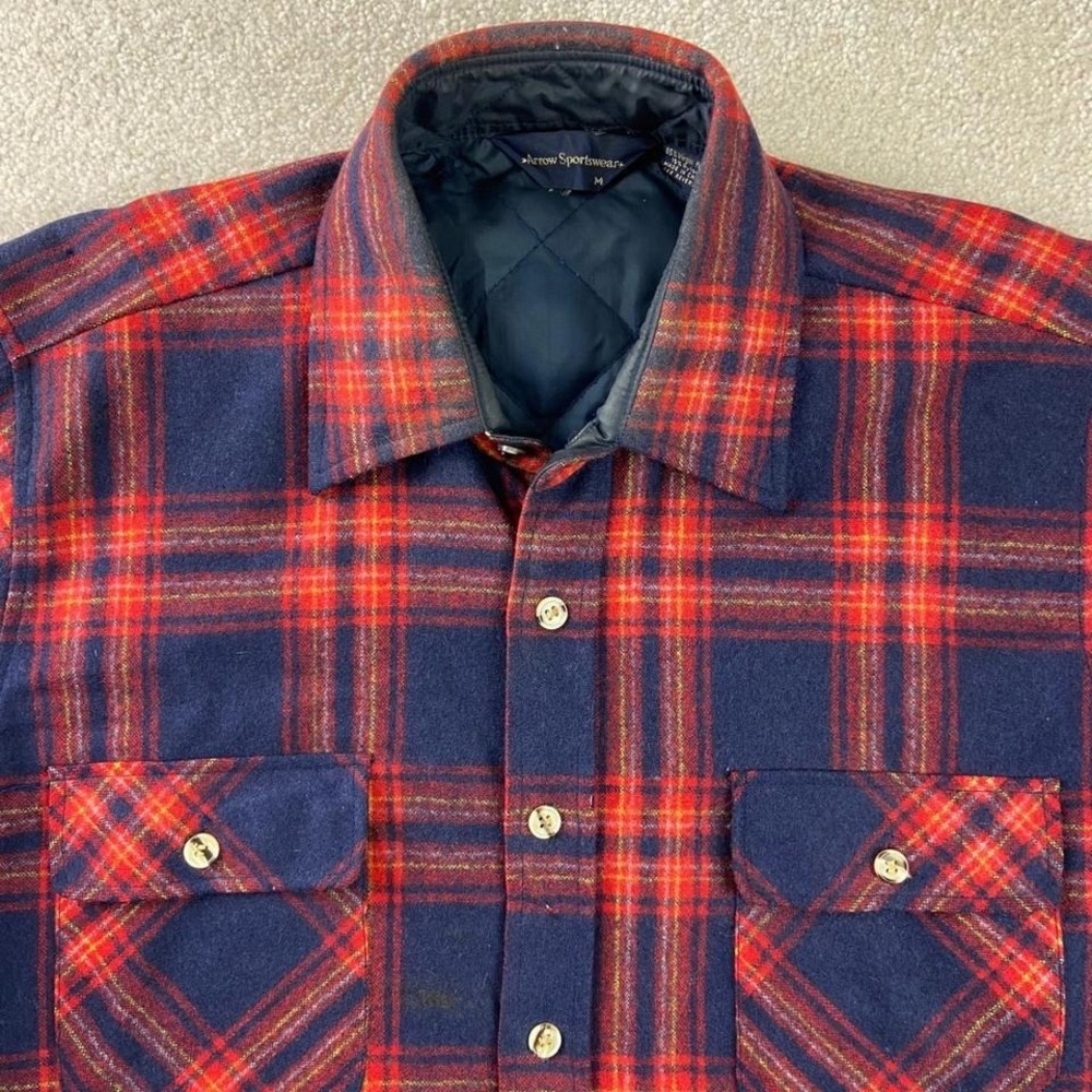 Arrow Sportswear Flannel Shirt Jacket Mens M‎ Blue Red Plaid Wool Blend Quilted
